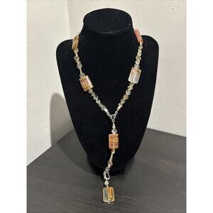 Vintage 925 Sterling Silver Glass Beaded Y Necklace Artisan Boho Statement Jewel